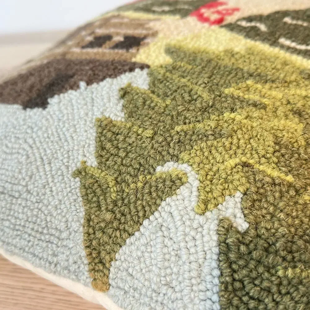 Hooked Wool Throw Pillow 14x14 Dog Canoe Lake House Cabin Trees Forest Classic